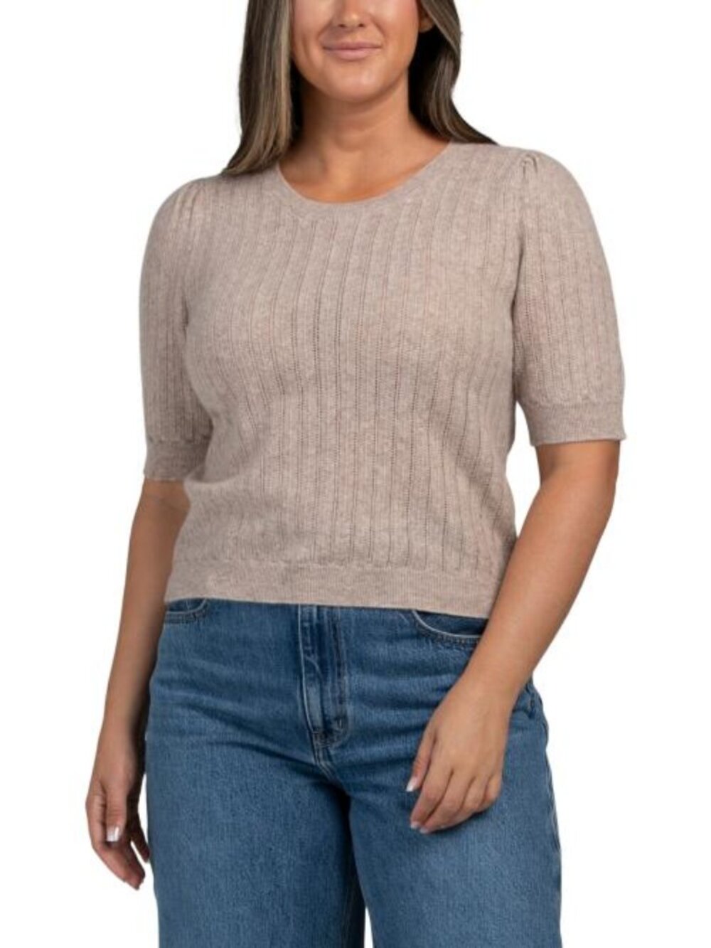 EQUIPMENT Cashmere Short Sleeve Pointelle Crew Neck Pull Over Sweater